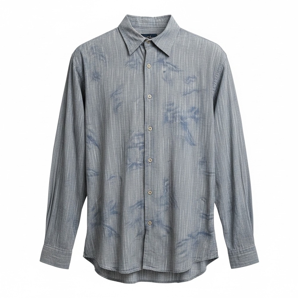 Tommy Bahama Mens Large Gray Blue Striped Floral Tencel Cotton Button Down Shirt